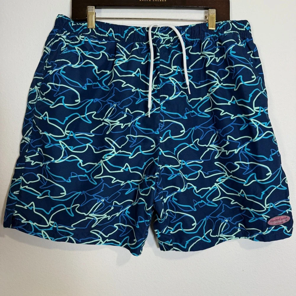 Vineyard‎ Vines Swim Trunks Shark Print Beach Elastic Waist Blue Mens Size XL